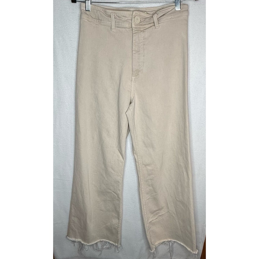 Zara The Marine Straight Jeans Beige High Rise Wide Leg Raw Hem Women's Sz 8 EUC